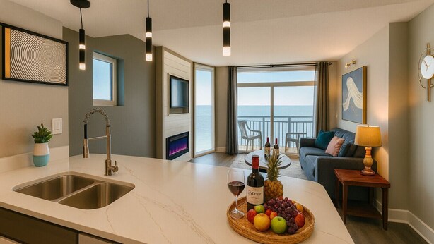 Una cocina moderna con una isla grande, un enfriador de vinos integrado y un comedor con vista al océano.