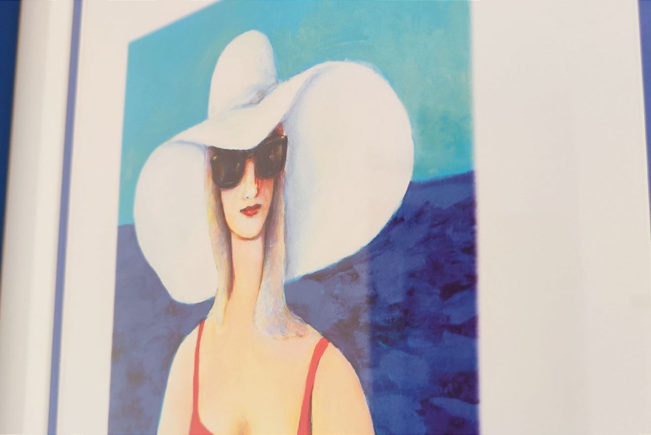A painting of a person wearing a large white hat and sunglasses.