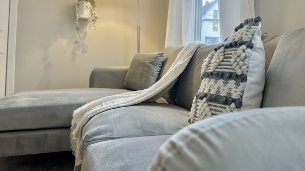 A modern living room with a grey sofa, a floor lamp, and a hanging plant. - New, Clean, Downtown Getaway! (Concord)