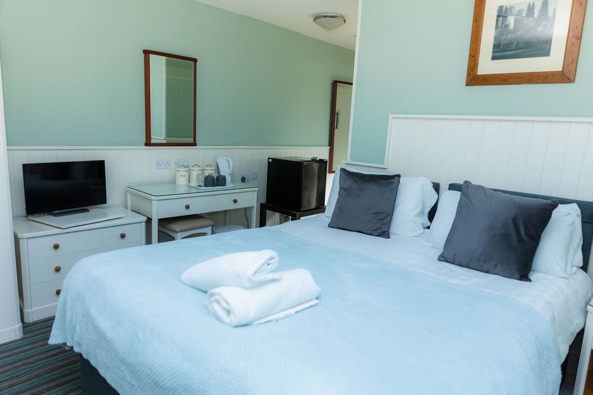 A hotel room with a bed, a desk with a computer, a TV, and a mirror.
