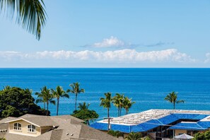 A coastal view with a clear sky, a calm sea, and palm trees.