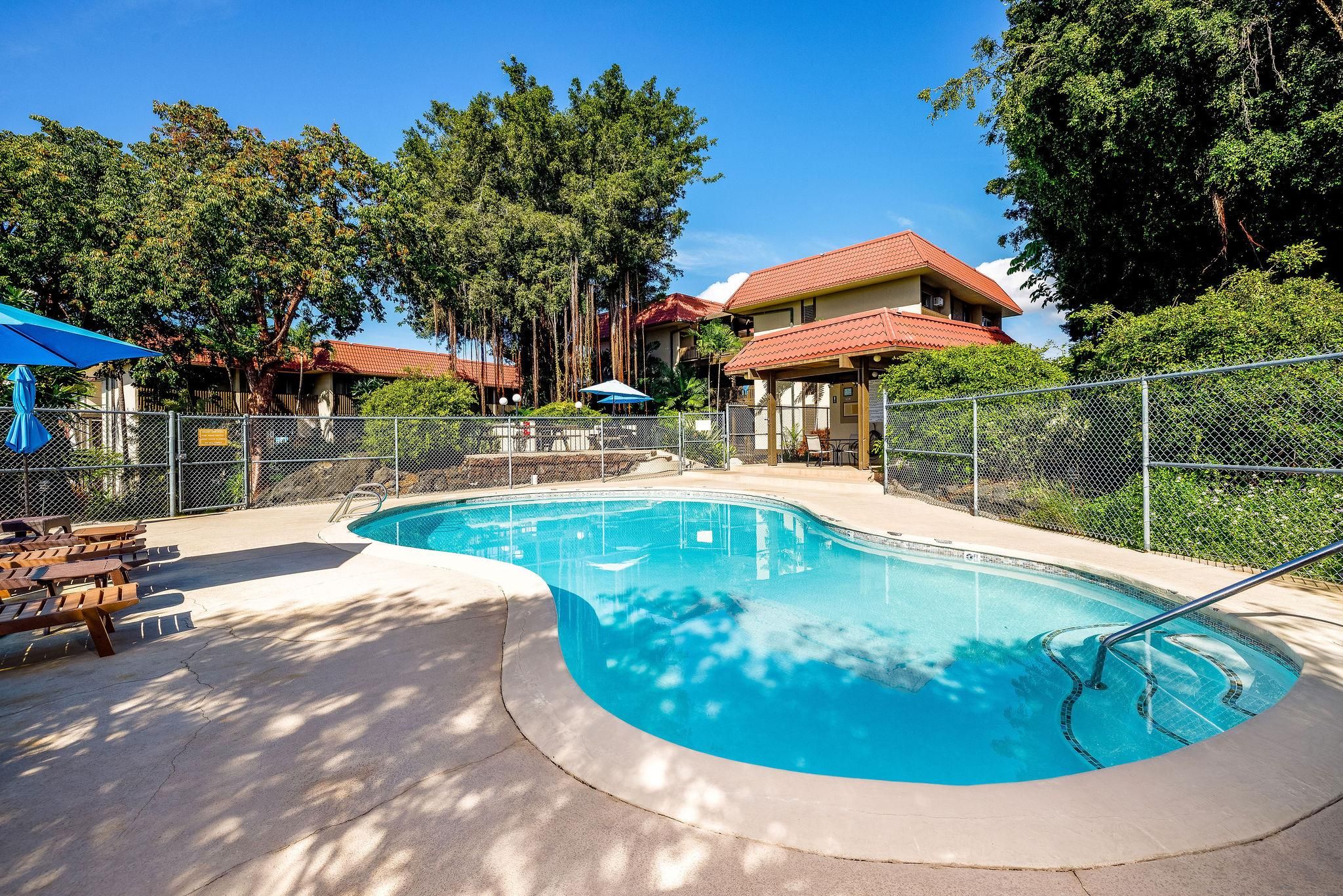 Una piscina amb un disseny corbat, envoltada per una tanca, bancs i ombrelles.