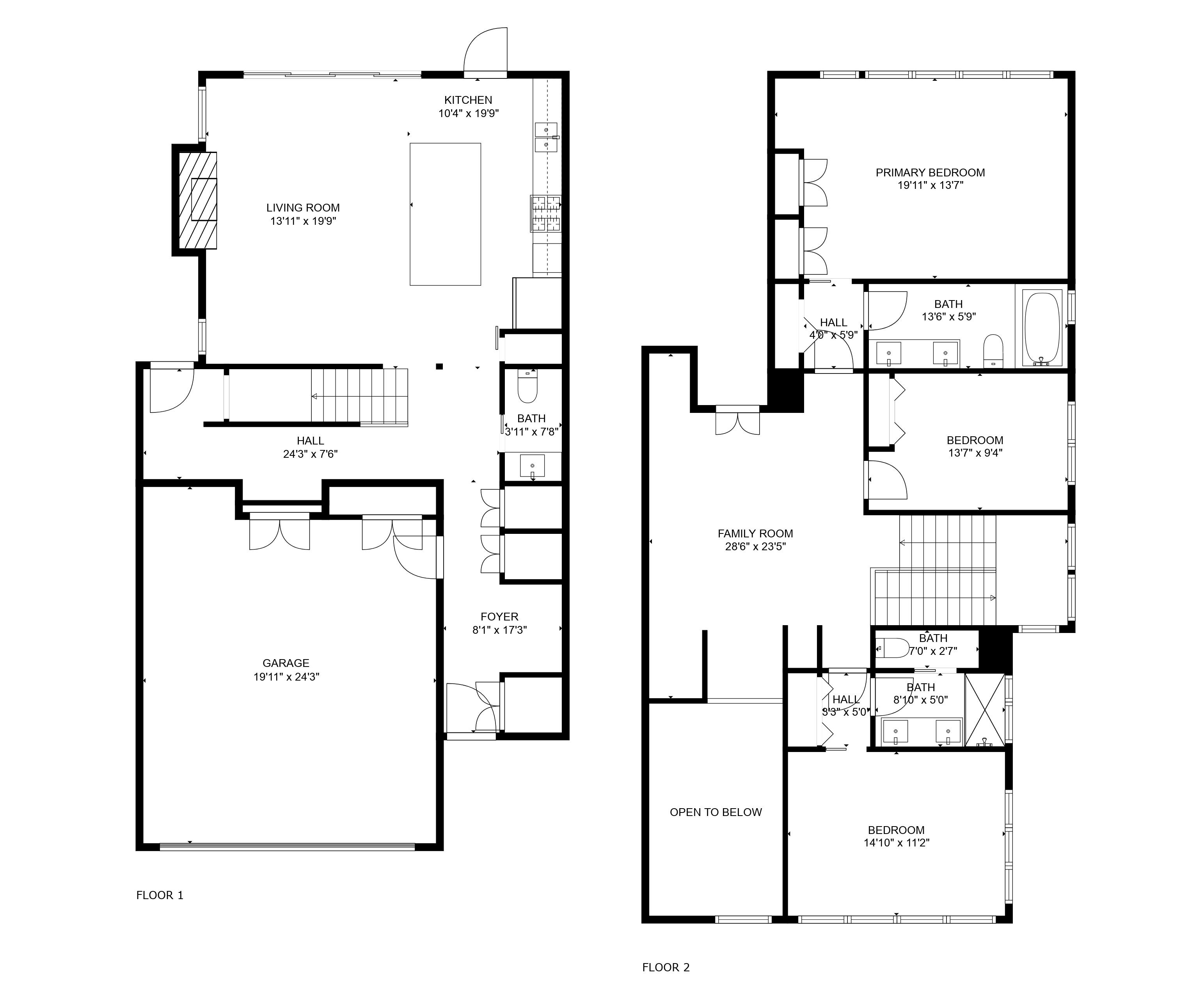 A floor plan of a house with two floors. It includes a living room, kitchen, two bedrooms, a bathroom, a foyer, a garage, and a hall.