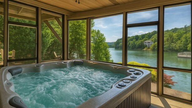 Un bain à remous avec vue sur un lac et une forêt.