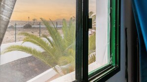 A window with a view of a desert landscape, including palm trees and a fence.