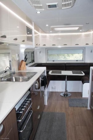 Private kitchen. Longford Riverside Caravan Park