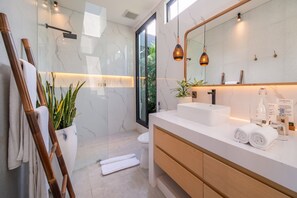 Shower, hair dryer, towels
