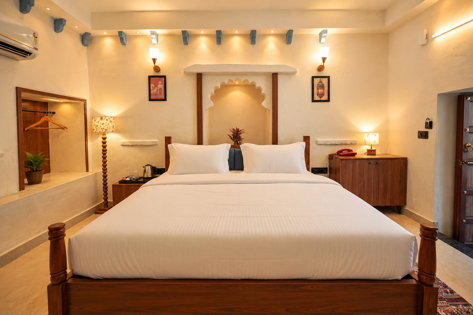 A neatly made bed with a wooden frame, a nightstand with a lamp, and a wall-mounted shelf with a plant.