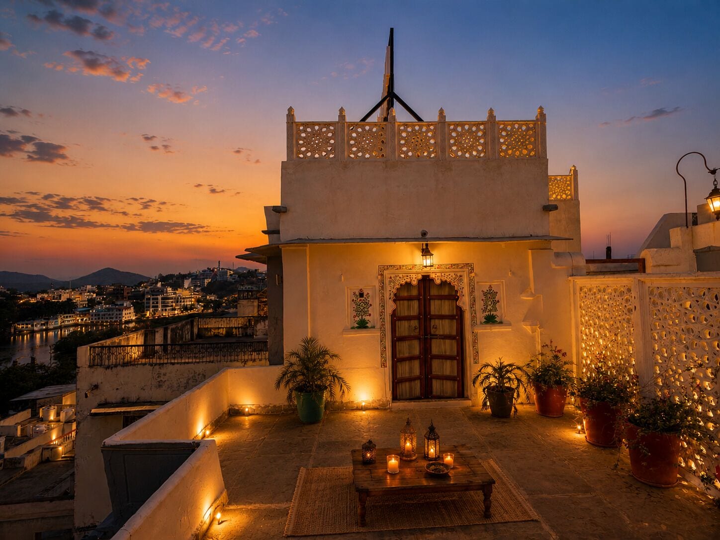 A rooftop terrace with a decorative entrance, potted plants, and candles.