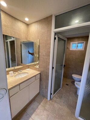 Hair dryer, towels, soap, toilet paper