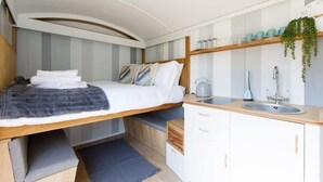Un dormitorio pequeño con una cama litera, una kitchenette y una planta colgante.
