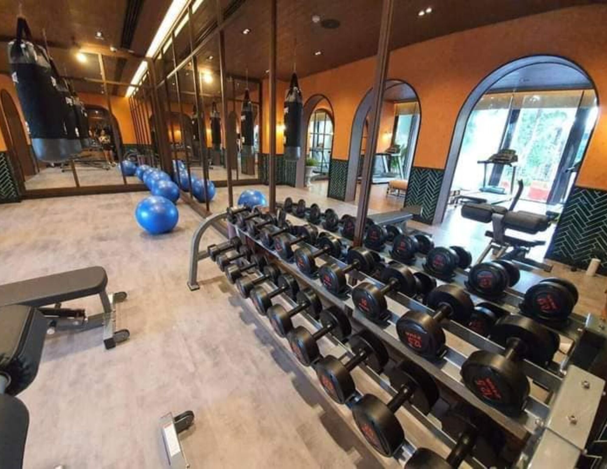 A gym with weightlifting equipment and exercise balls.