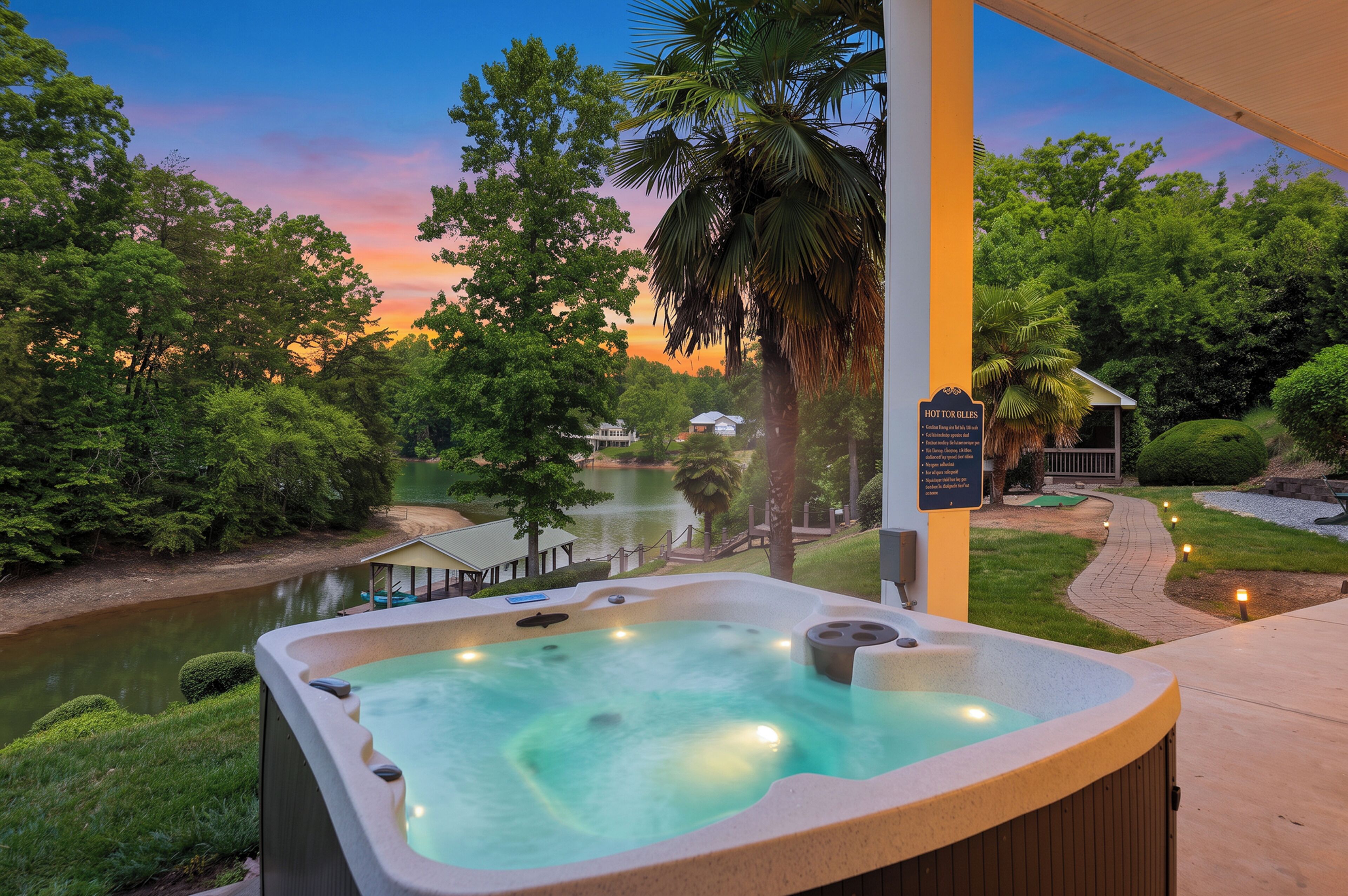 A hot tub with a view of a lake and trees at dusk.