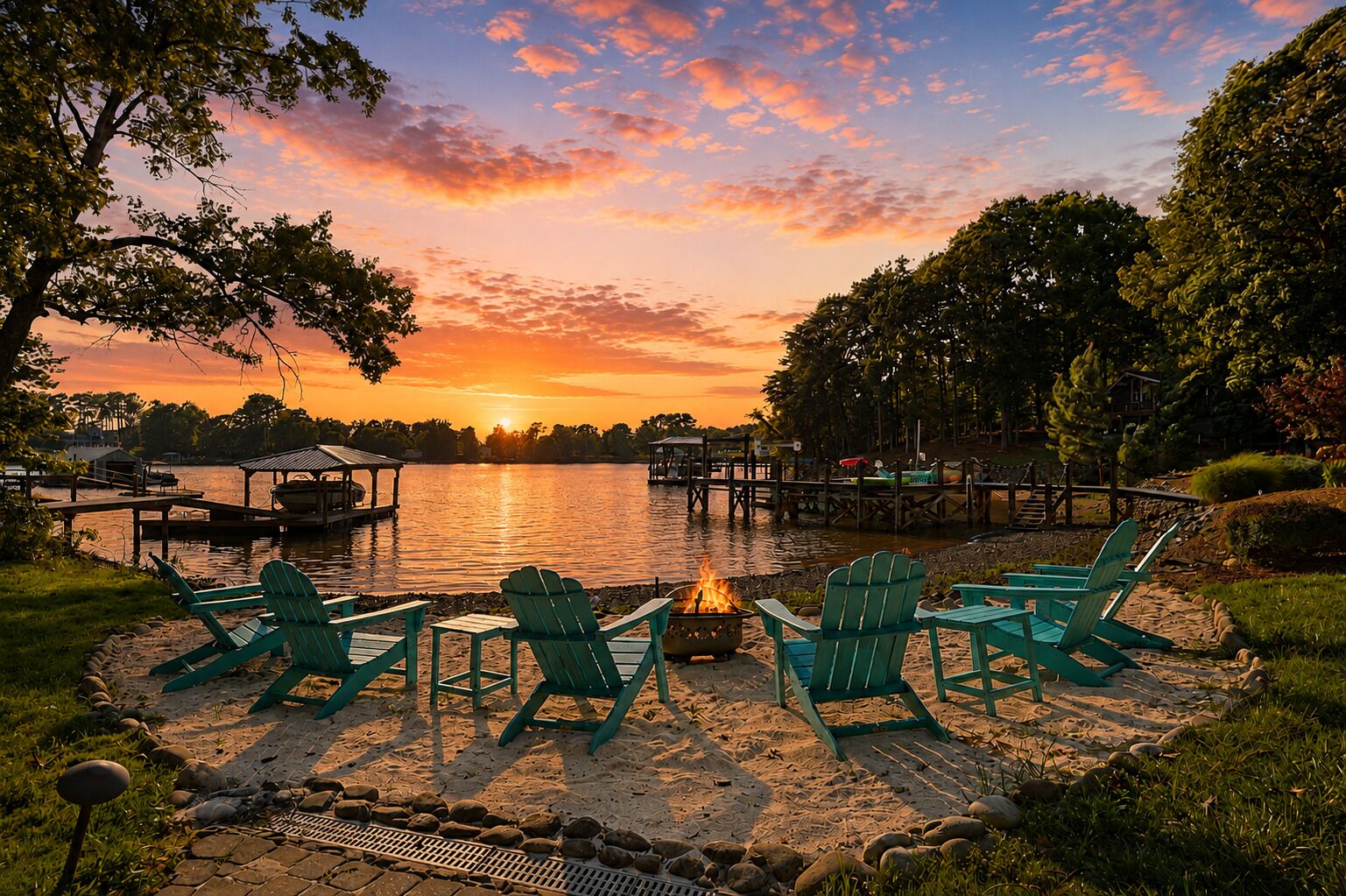 A lakeside deck with chairs and a fire pit, surrounded by trees and a dock.