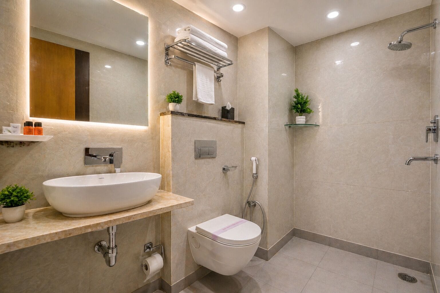 Shower, rainfall showerhead, eco-friendly toiletries, slippers