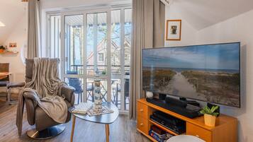 Fernseher, DVD-Player, Bücher, Musikbibliothek