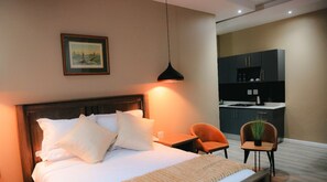 A bedroom with a bed, pillows, a bedside table, a chair, a small table with a plant, and a kitchen area with cabinets and appliances.