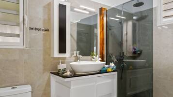Ducha, secador de pelo, toallas, shampoo