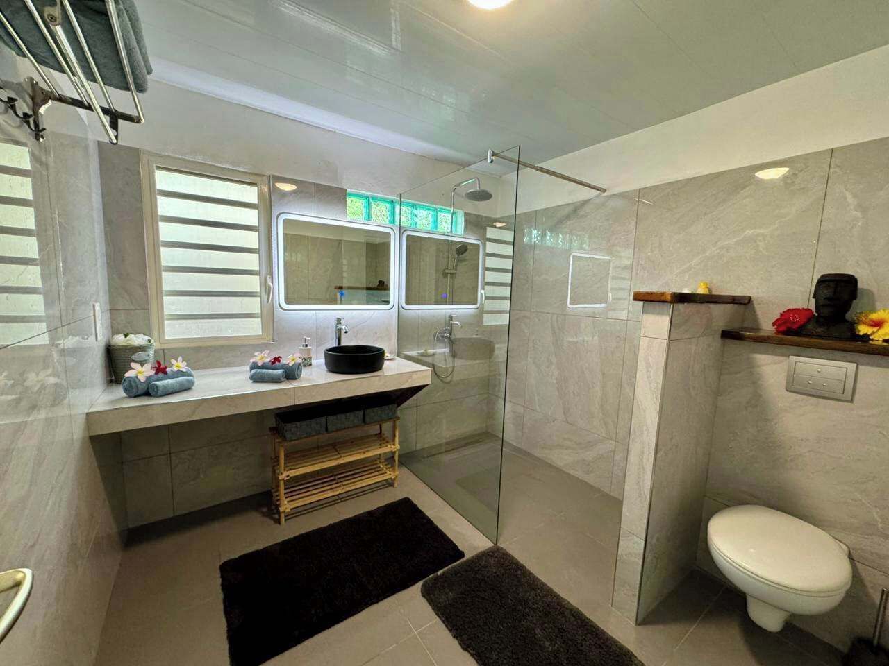 Shower, hair dryer, towels, shampoo