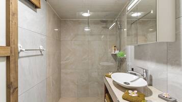 Shower, hair dryer, towels, shampoo