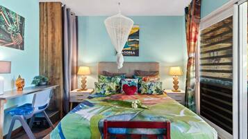 1 bedroom, desk, iron/ironing board, travel cot
