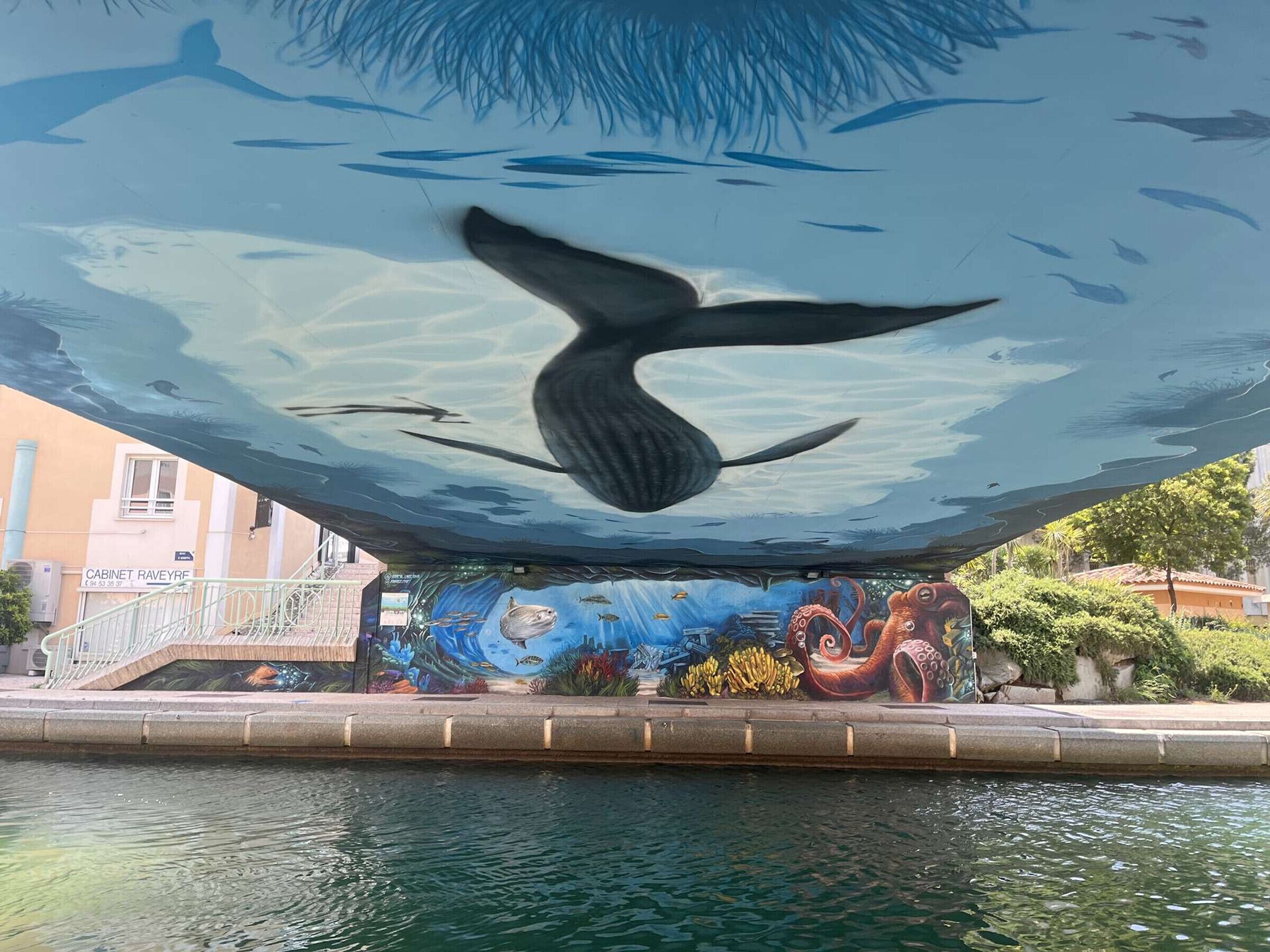 A mural of a whale and other sea creatures on a building's exterior wall.