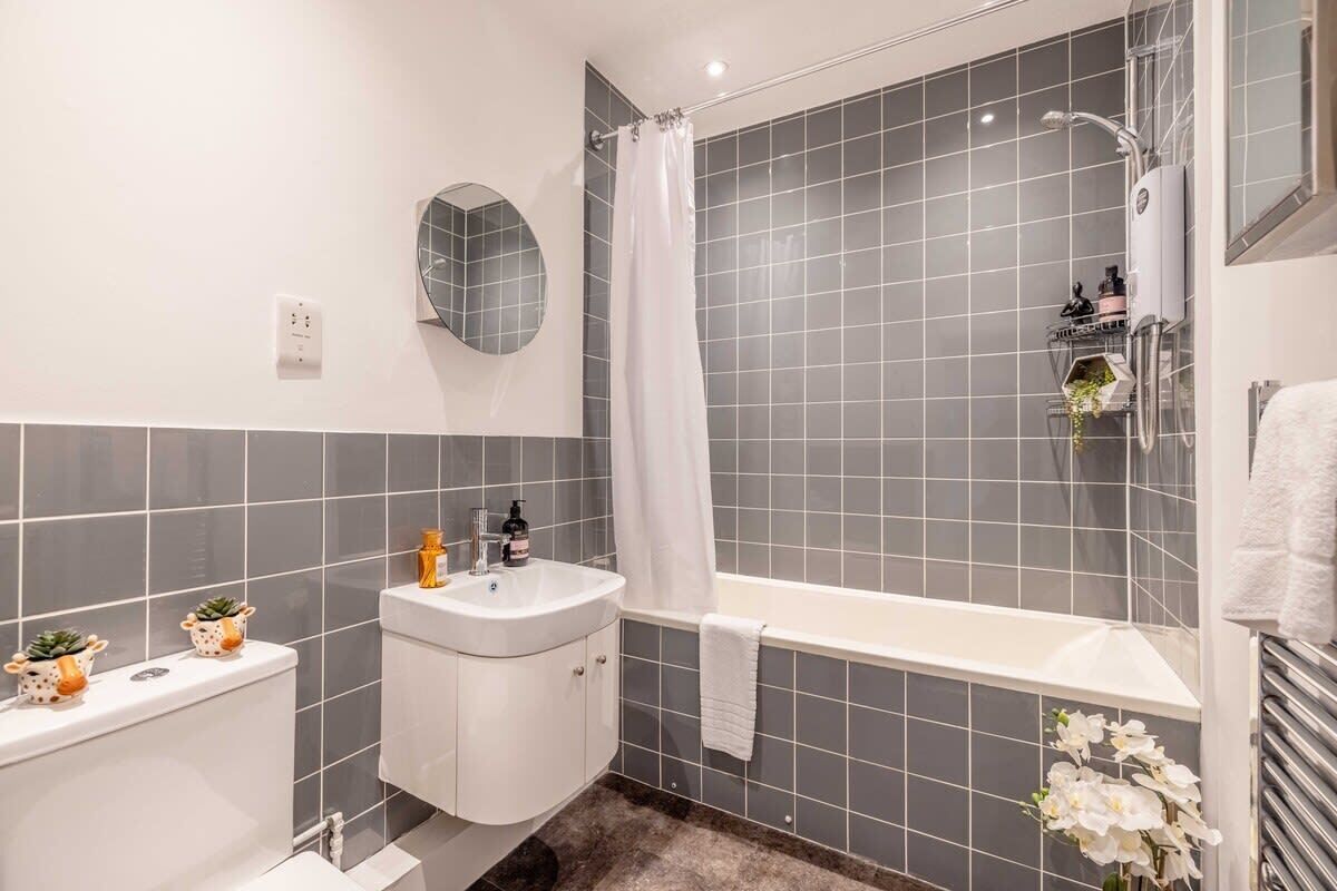 Shower, hair dryer, towels