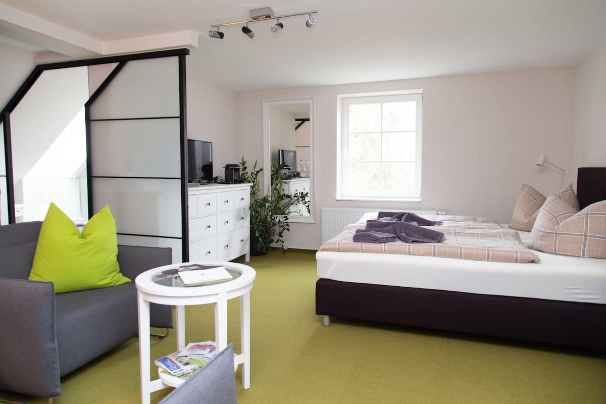 Ein modernes Schlafzimmer mit einem Bett, einem Schlafsofa, einem kleinen Tisch und einem Schreibtisch mit einem Computer.