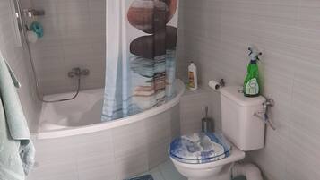 Shower, hair dryer, bidet, towels