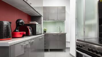 Family Apartment | Private kitchen | Full-size fridge, microwave, oven, stovetop