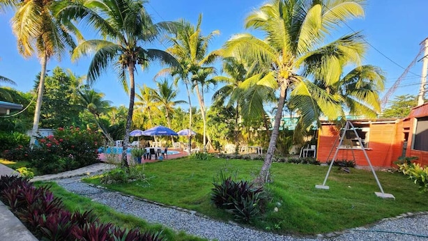 Un jardin tropical avec des palmiers, un chemin de gravier et des espaces de détente en plein air sous des parasols.