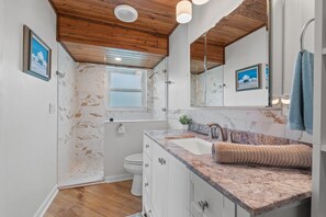 Hair dryer, towels, soap, shampoo