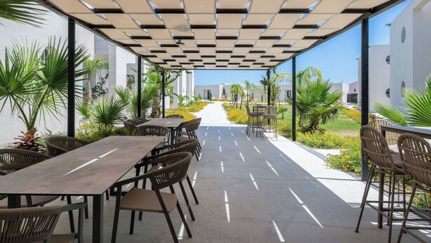 Une terrasse extérieure avec des tables et des chaises, un chemin et de la verdure.