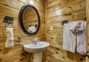 A wooden-paneled bathroom with a white sink, a mirror, and two towels hanging on hooks.