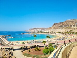 A beach with a large crowd, a clear blue sky, and rocky cliffs in the background.