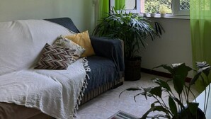 Une pièce avec un canapé blanc, des rideaux verts, une plante en pot et une fenêtre donnant sur des immeubles et des arbres.