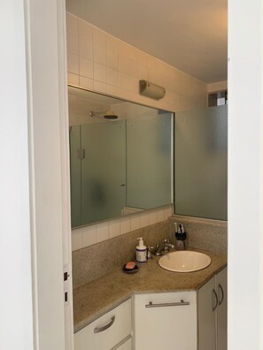 Hair dryer, towels, soap, shampoo