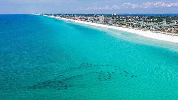 Vue aérienne d’une zone côtière avec une mer turquoise aux eaux limpides, une plage de sable blanc et une zone urbaine dense, avec des bâtiments visibles à l’arrière-plan.
