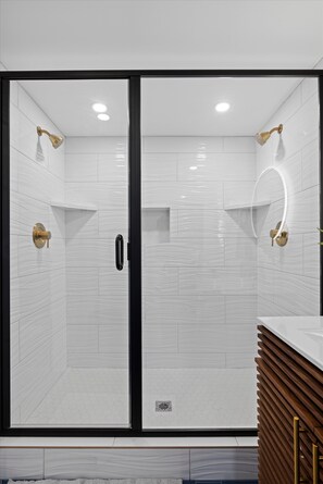 Shower, towels, soap, toilet paper