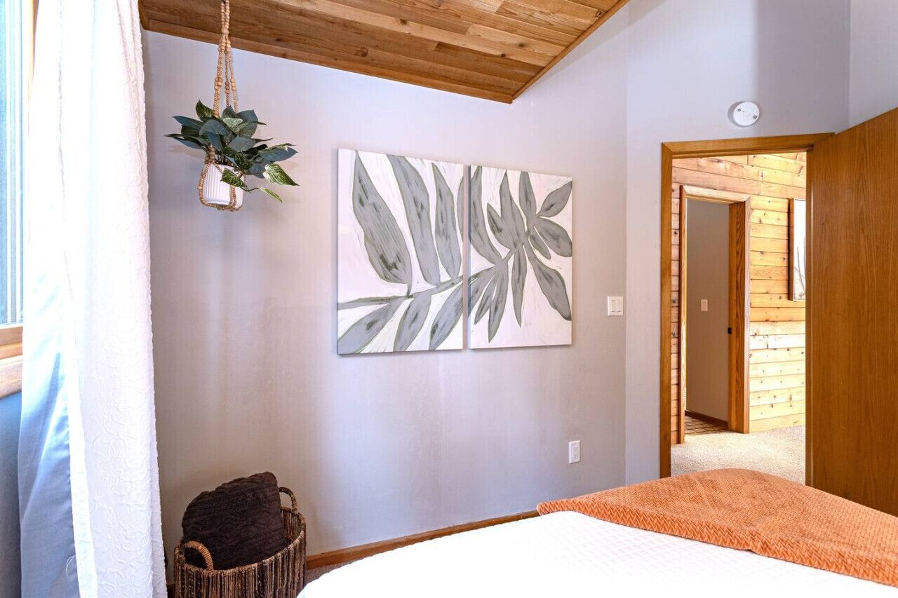 A bedroom with a bed, a hanging plant, and a wall art piece.