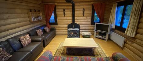 A cozy log cabin interior with a sofa, a fireplace, a television, and a bookshelf.