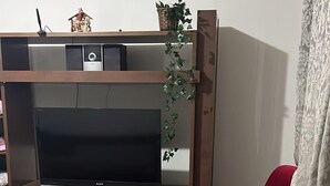 A living room with a TV, wooden entertainment unit, red chairs, and a potted plant.