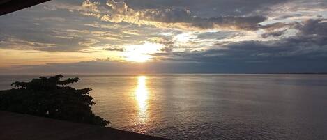 A sunset over a calm sea viewed from a balcony with a concrete floor and a small bush to the left.