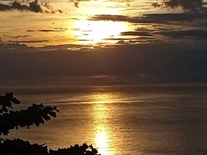 A sunset over a body of water with silhouettes of trees in the foreground.