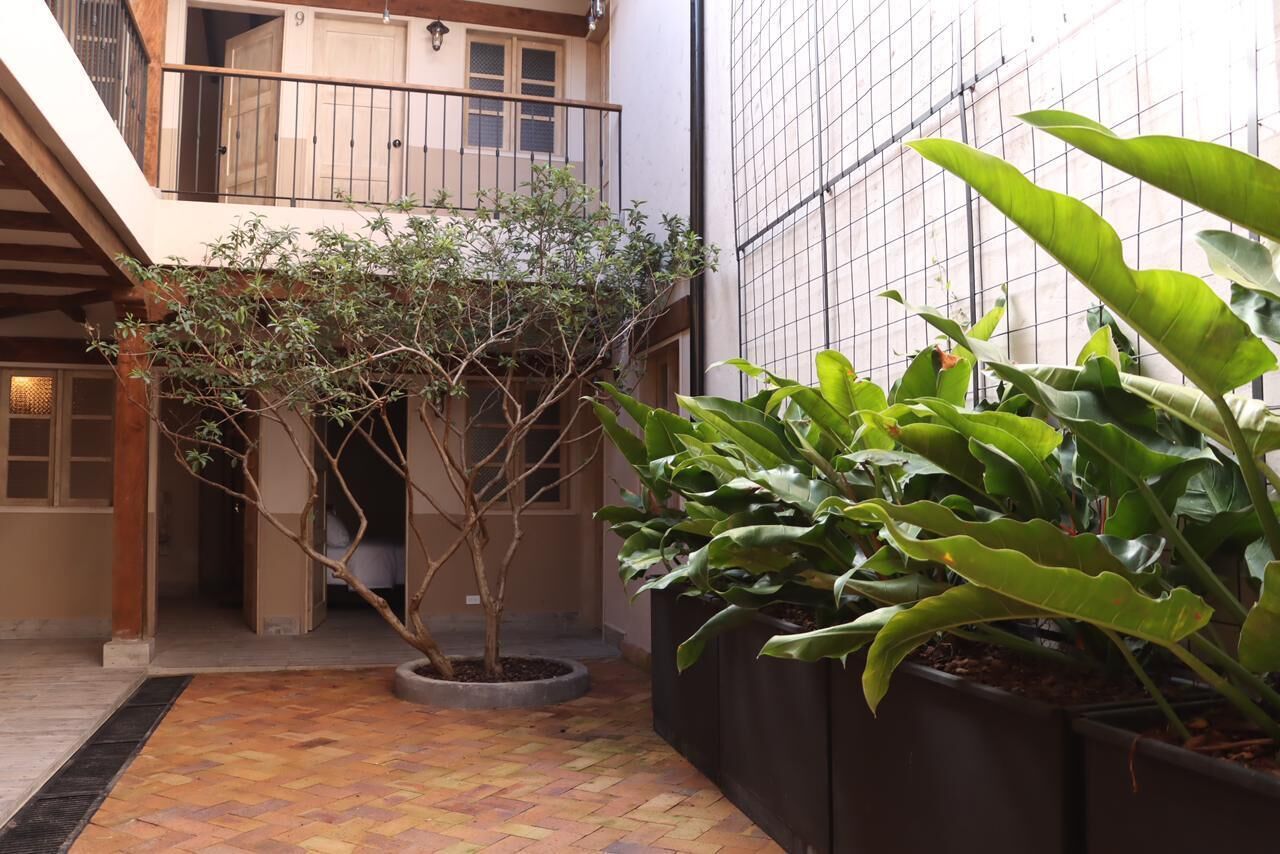 A courtyard with a tiled floor, a potted tree, and a large planter with green foliage.