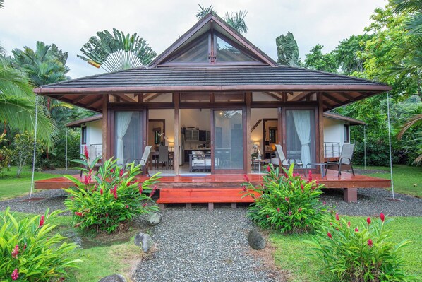 A house with a covered porch, a visible kitchen area, and a garden with tropical plants.