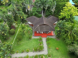 A house with a red deck, surrounded by lush greenery and palm trees.