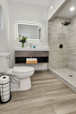 Secadora de cabello, toallas, jabón, papel de baño