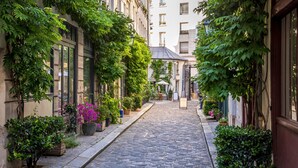 En smal brostensgade med bygninger på begge sider, store vinduer og frodig beplantning.
