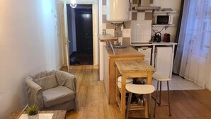 En kompakt opholdsstue med et tekøkken, et spiseområde med barstole, en sofa og et lille bord med en plante.